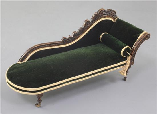 Denis Hillman. A Victorian mahogany miniature scroll end chaise longue, 6.5in.